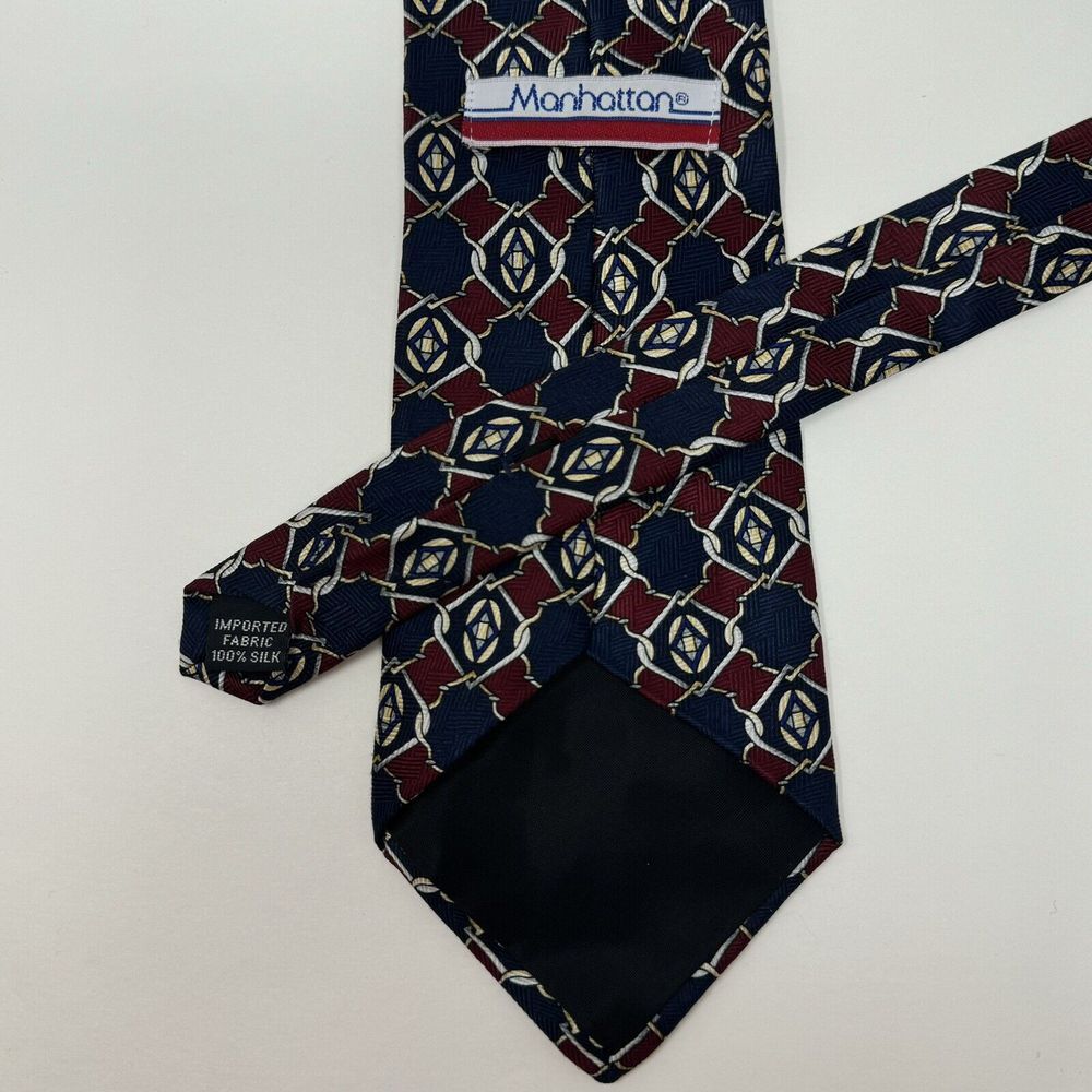 Manhattan Blue Red Yellow Geometric Silk Made In USA Neck Tie L 57" W 4" - Picture 4 of 4